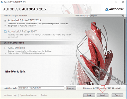 click install để cài đặt autocad 2017