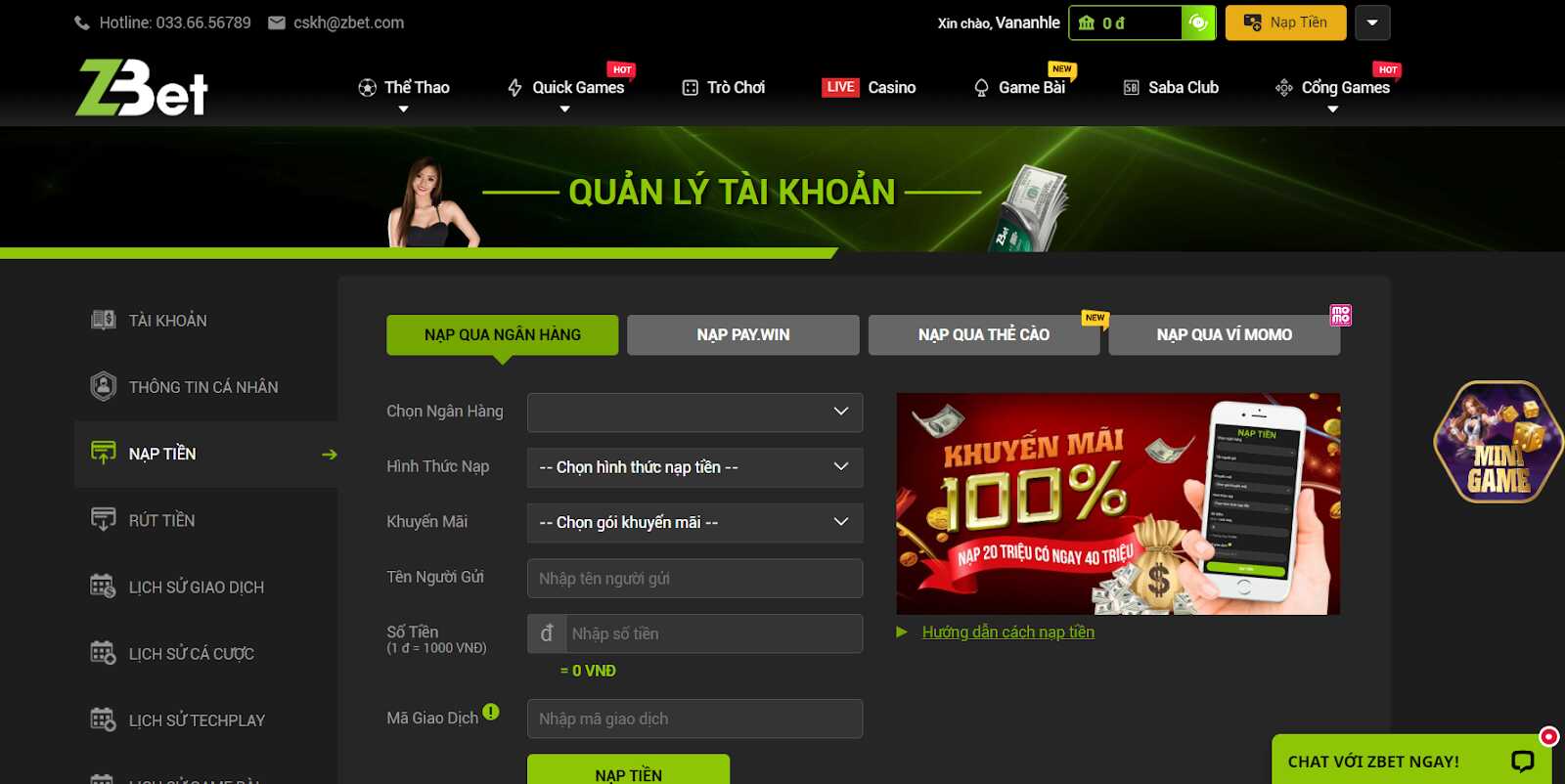 Cửa sổ nạp tiền tại Zbet